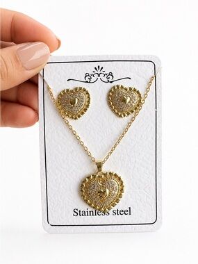 Gold Heart Pendant Necklace and Stud Earrings Set - Gold Tone